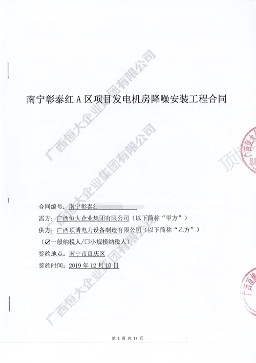 南宁彰泰红项目360kw广西顶博发电机组制造降噪安装工程